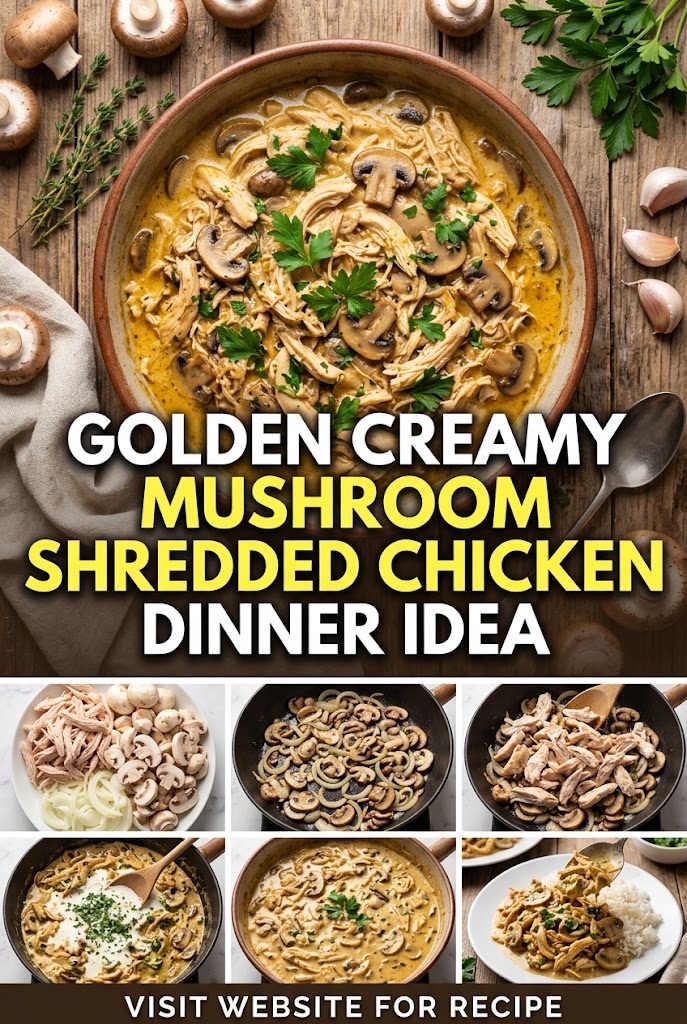 Golden Creamy Mushroom Shredded Chicken Dinner Idea
